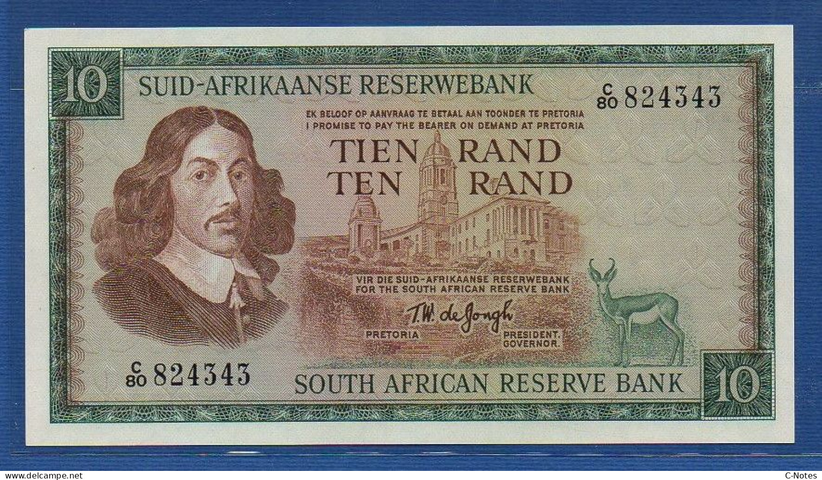 SOUTH AFRICA - P.114b – 10 RAND ND (1966 - 1976) UNC, S/n C/80 824343 Watermark: Springbok - Zuid-Afrika
