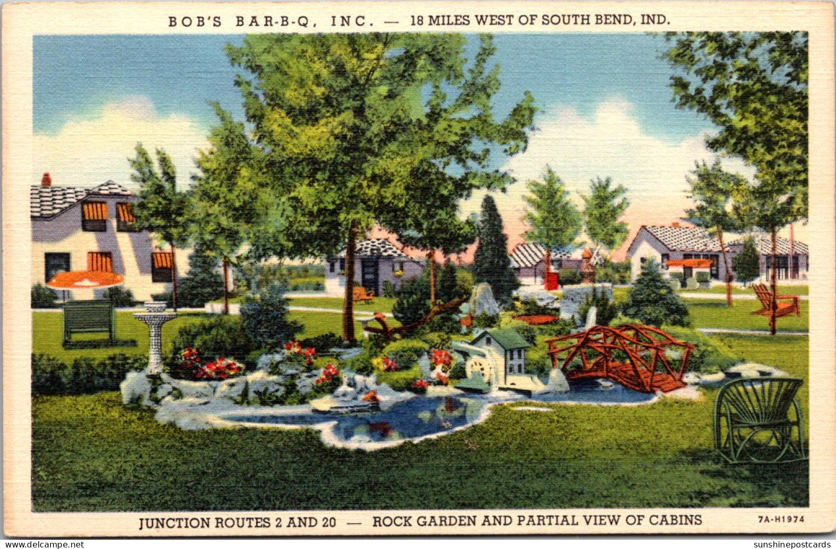 Indiana Rolling Prairie Bob's Bar-B-Q Restaurant Rock Garden And Partial View Of Cabins Curteich - South Bend