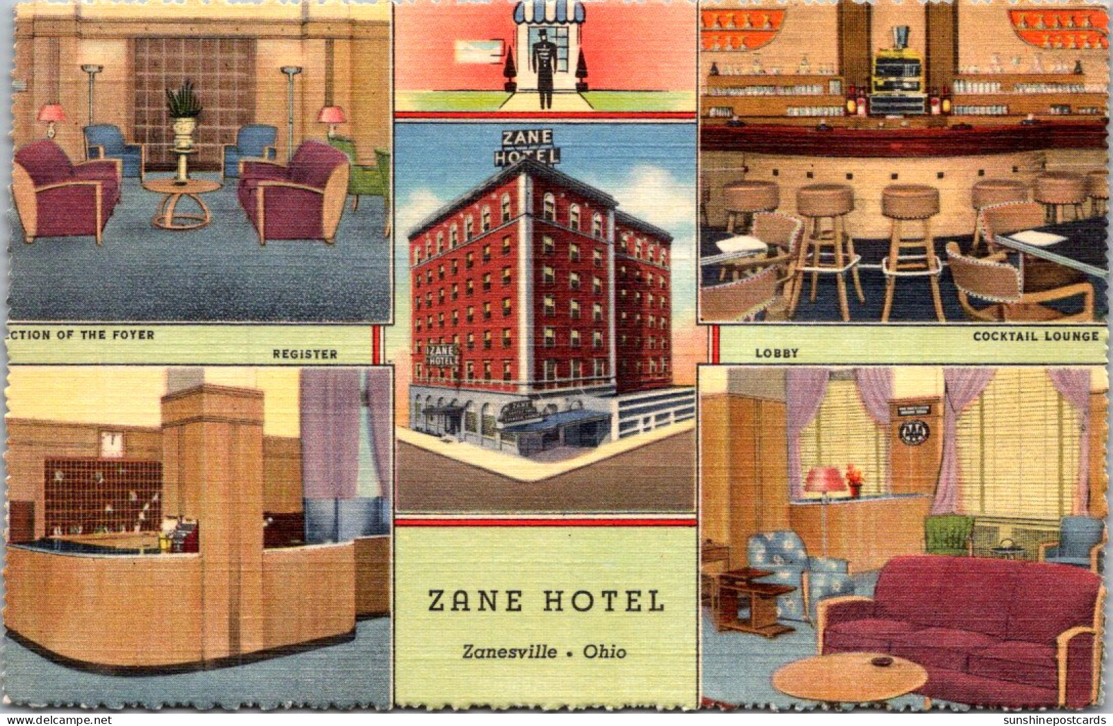 Ohio Zanesville The Zane Hotel Showing Lobby Register Foyer And Cocktail Lounge Curteich - Zanesville