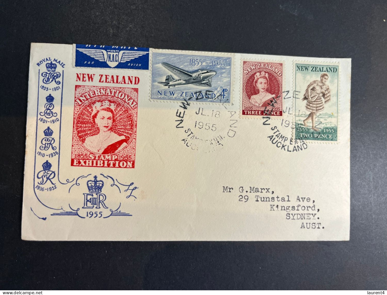 (4 Q 29) New Zealand FDC Cover - Posted To Australia - International Stamp Exhibition - 1955 - FDC