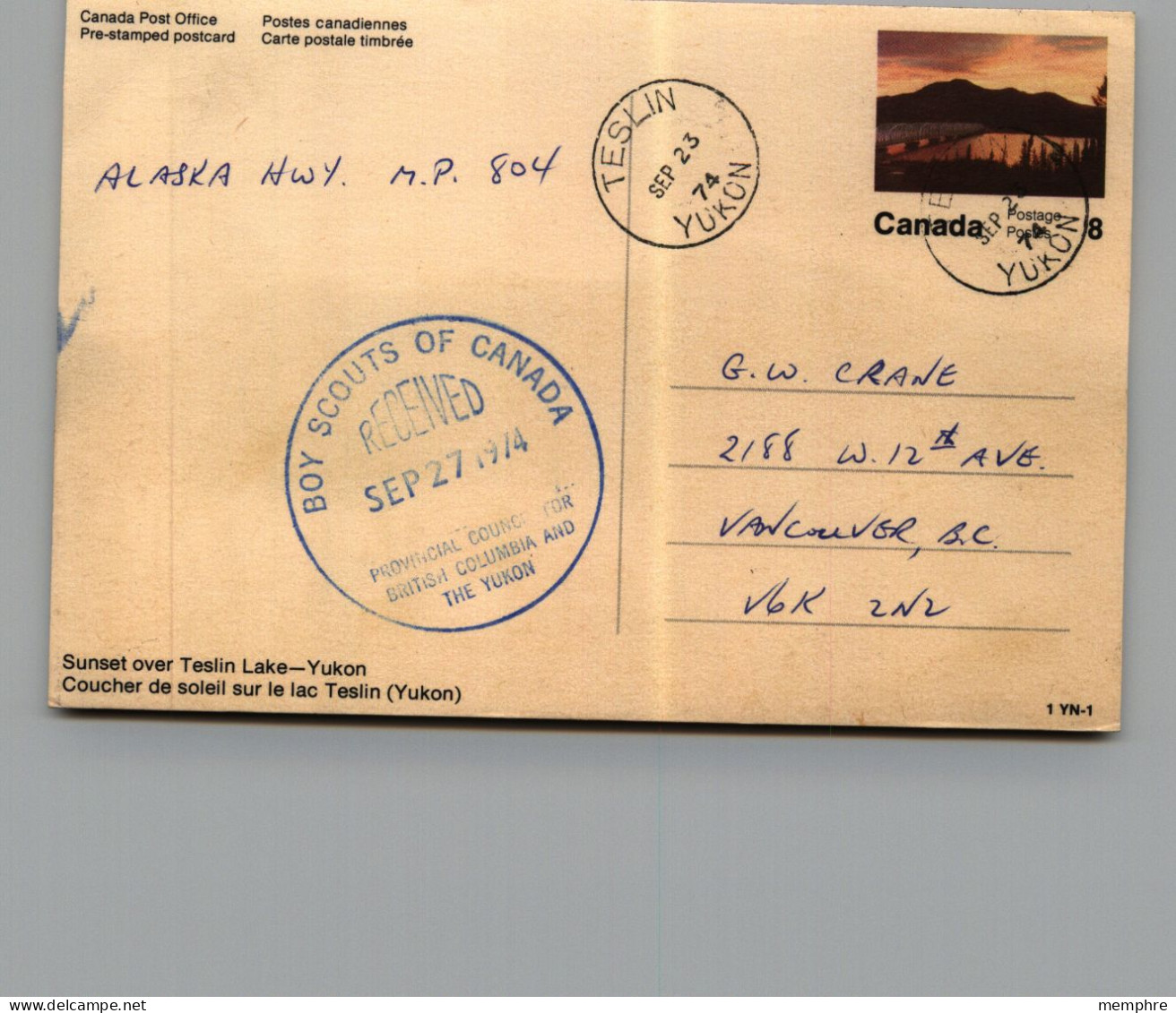 1972 Postcard -  -Sunset Ovr Testin Lake, Yukon   From Series 1YN-1 Used - 1953-.... Reign Of Elizabeth II