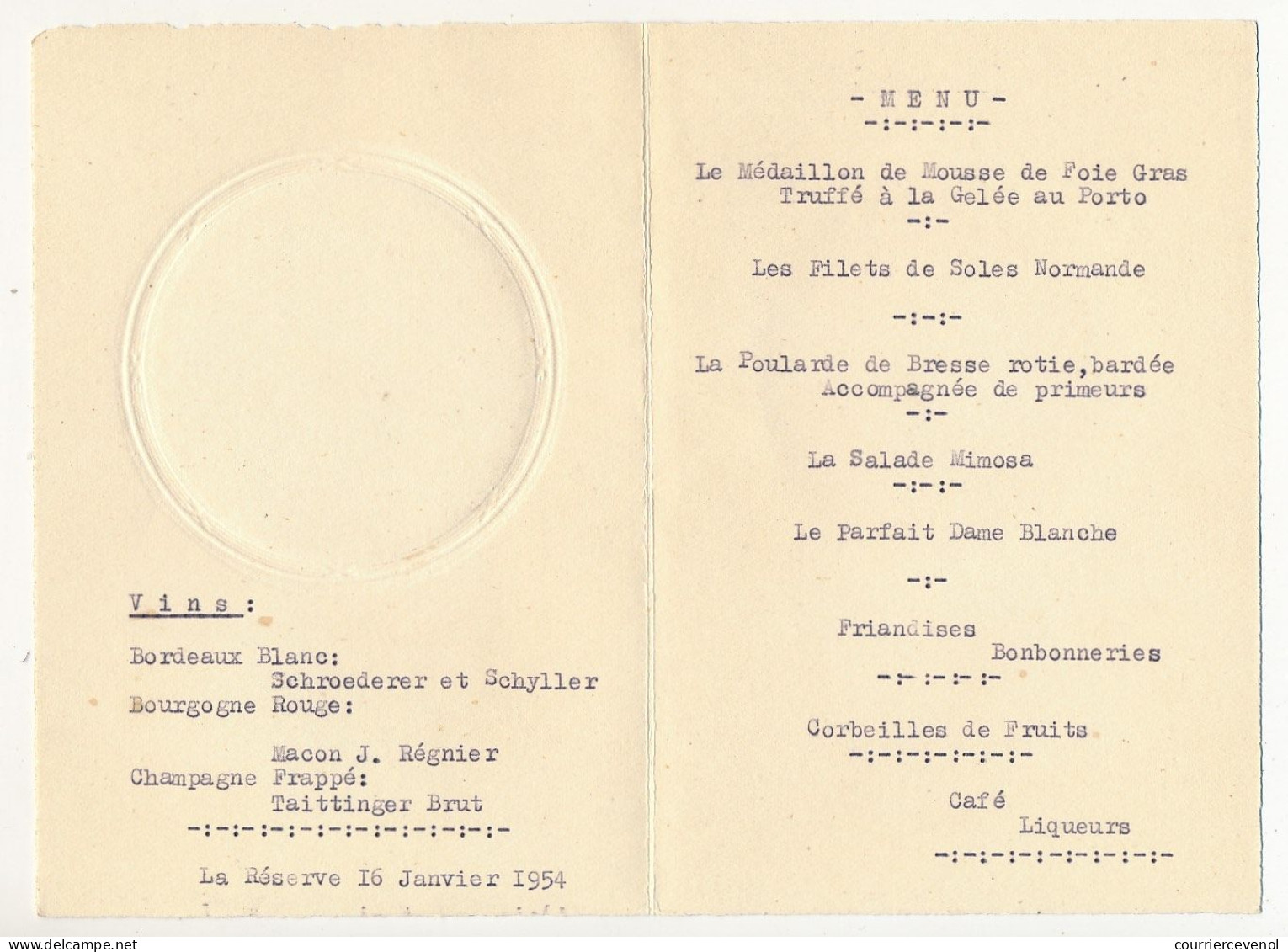 FRANCE - 3 Menus Illustrations Romantiques - Restaurant La Réserve Marseille - 16 Janvier 1954 - Menú