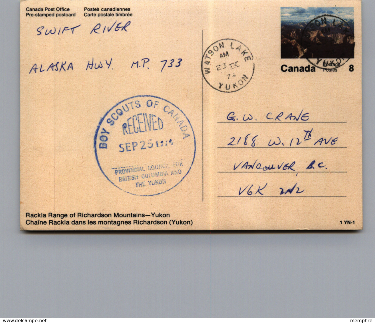 1972 Postcard   Rackla Rang Of Richardson Mountains - Yukon  - From Series 1YN-1  Cancelled  Watson Lake , YK - 1953-.... Reign Of Elizabeth II