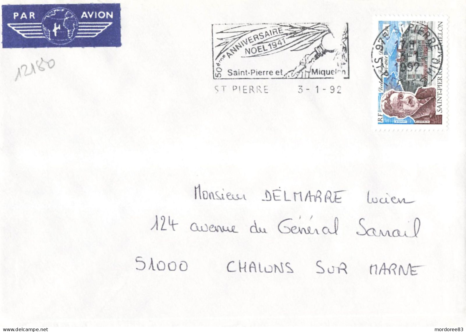 SPM YT 476 SEUL LETTRE AVION  ST PIERRE 3/1/1992 POUR CHALONS S/MARNE - Briefe U. Dokumente