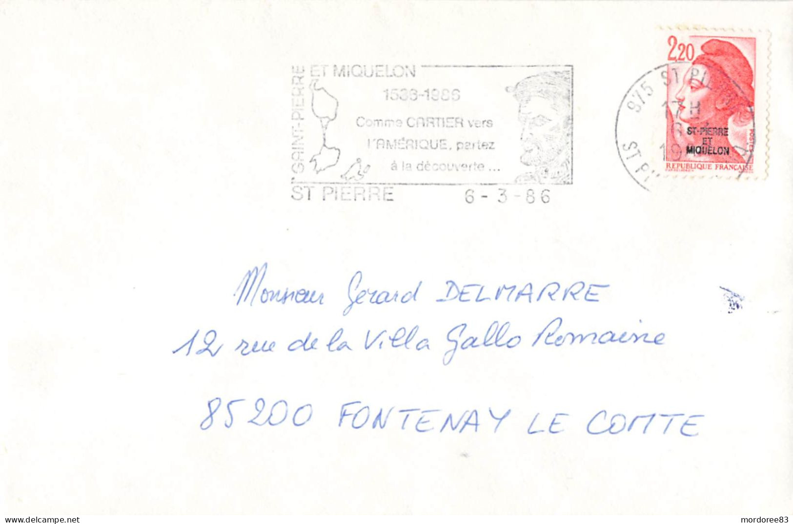 SPM YT 464 SEUL LETTRE ST PIERRE 6/3/1986 POUR FONTENAY LE COMTE - Briefe U. Dokumente