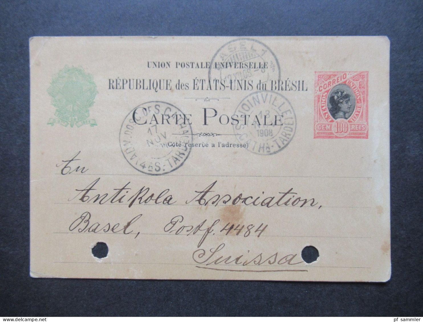 Brasilien 1908 Ganzsache 100 Reis Auslandsverwendung Joinville - Basel Schweiz Stp. Adm. Dosc. Des Catha 4As Tarde - Entiers Postaux