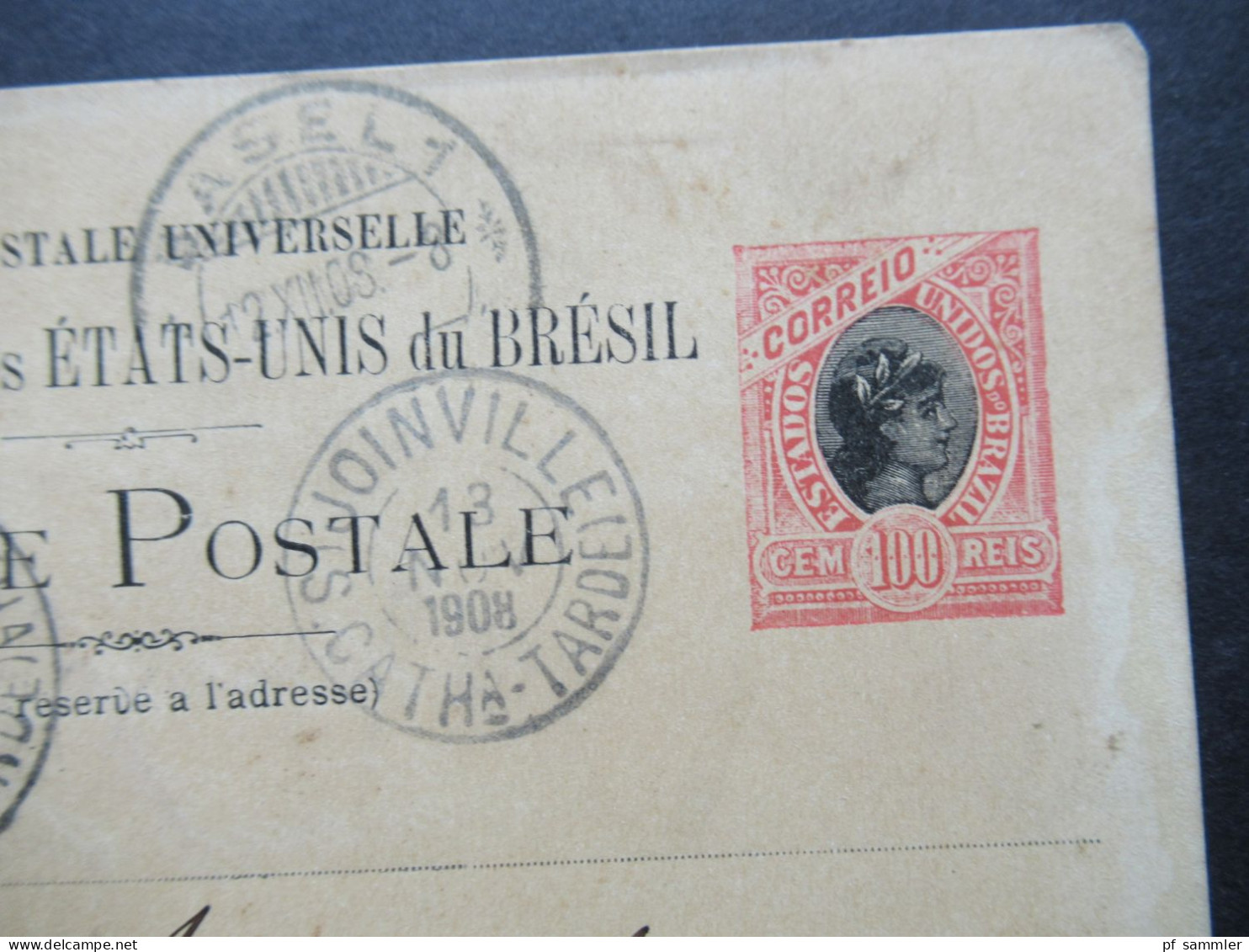 Brasilien 1908 Ganzsache 100 Reis Auslandsverwendung Joinville - Basel Schweiz Stp. Adm. Dosc. Des Catha 4As Tarde - Entiers Postaux