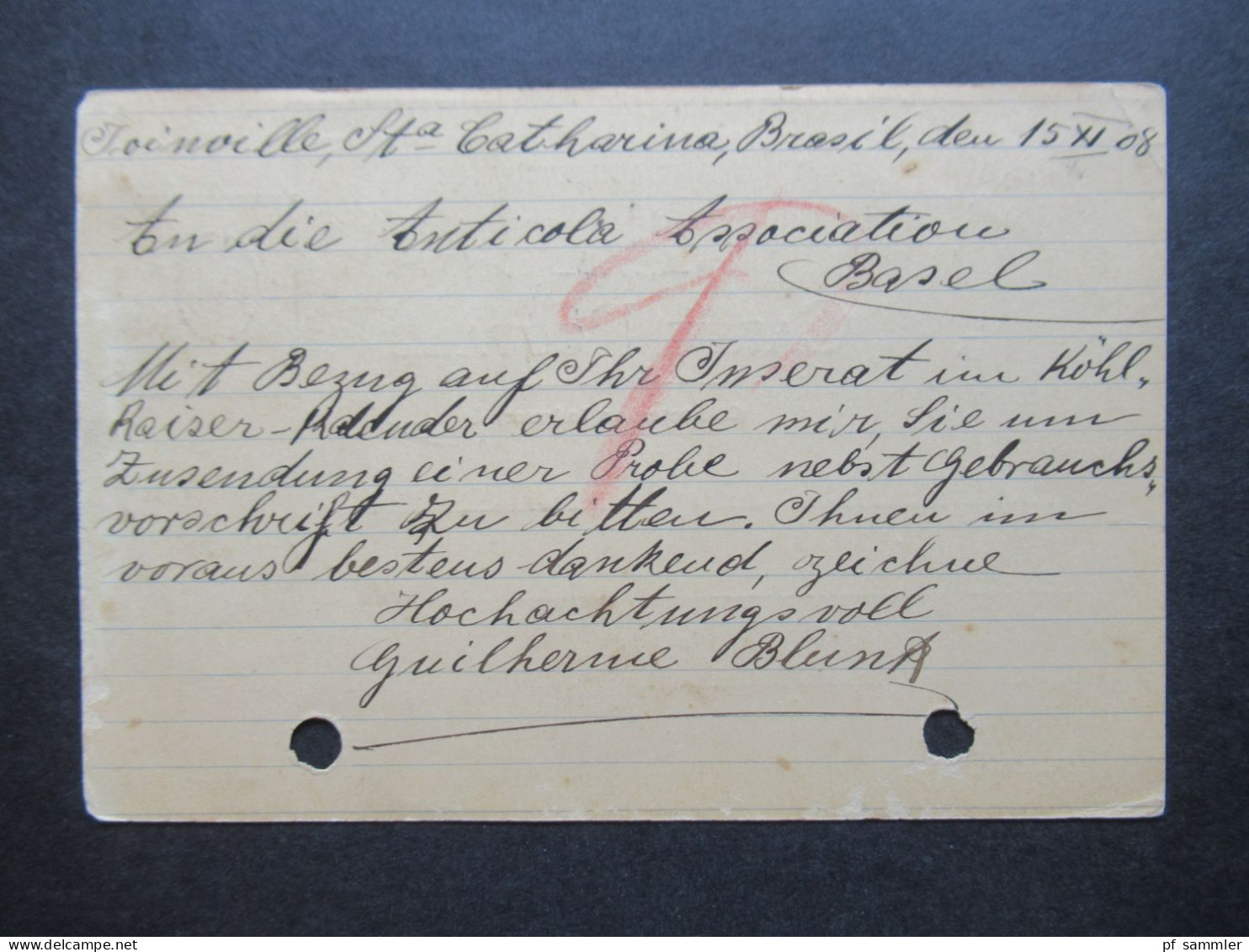 Brasilien 1908 Ganzsache 100 Reis Auslandsverwendung Joinville - Basel Schweiz Stp. Adm. Dosc. Des Catha 4As Tarde - Ganzsachen