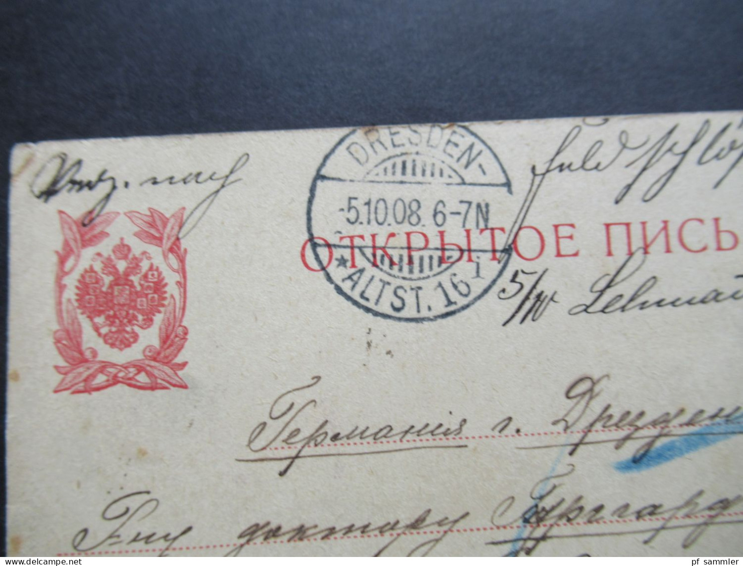 1908 Russland / Polen Grosno / Krosno ?! Nach Dresden U. Dort Weitergeleitet Nach Dresden Feldschlösshausen ?! - Enteros Postales