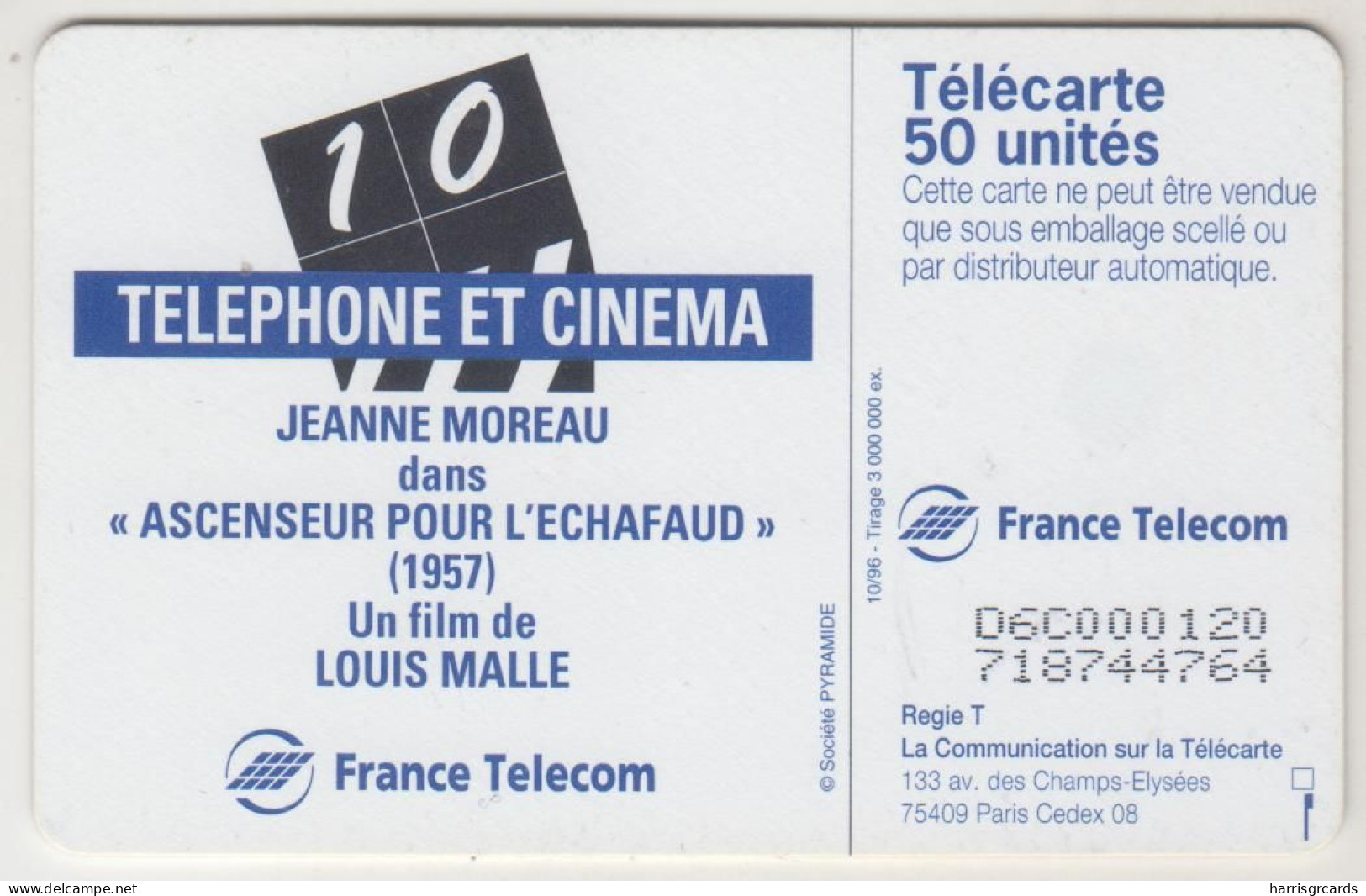 FRANCE - Telephone Et Cinema N.10 - Jeanne Moreau, Chip:OB2, 50 U, 10/96, Used - 1996