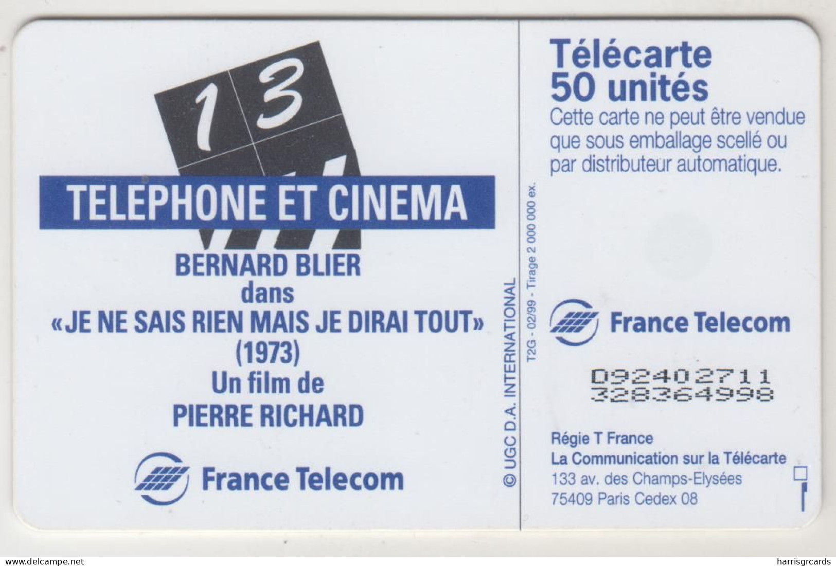 FRANCE - Telephone Et Cinema N.13 - Bernard Blier, Chip:OB2, 50 U, 02/99, Used - 1999