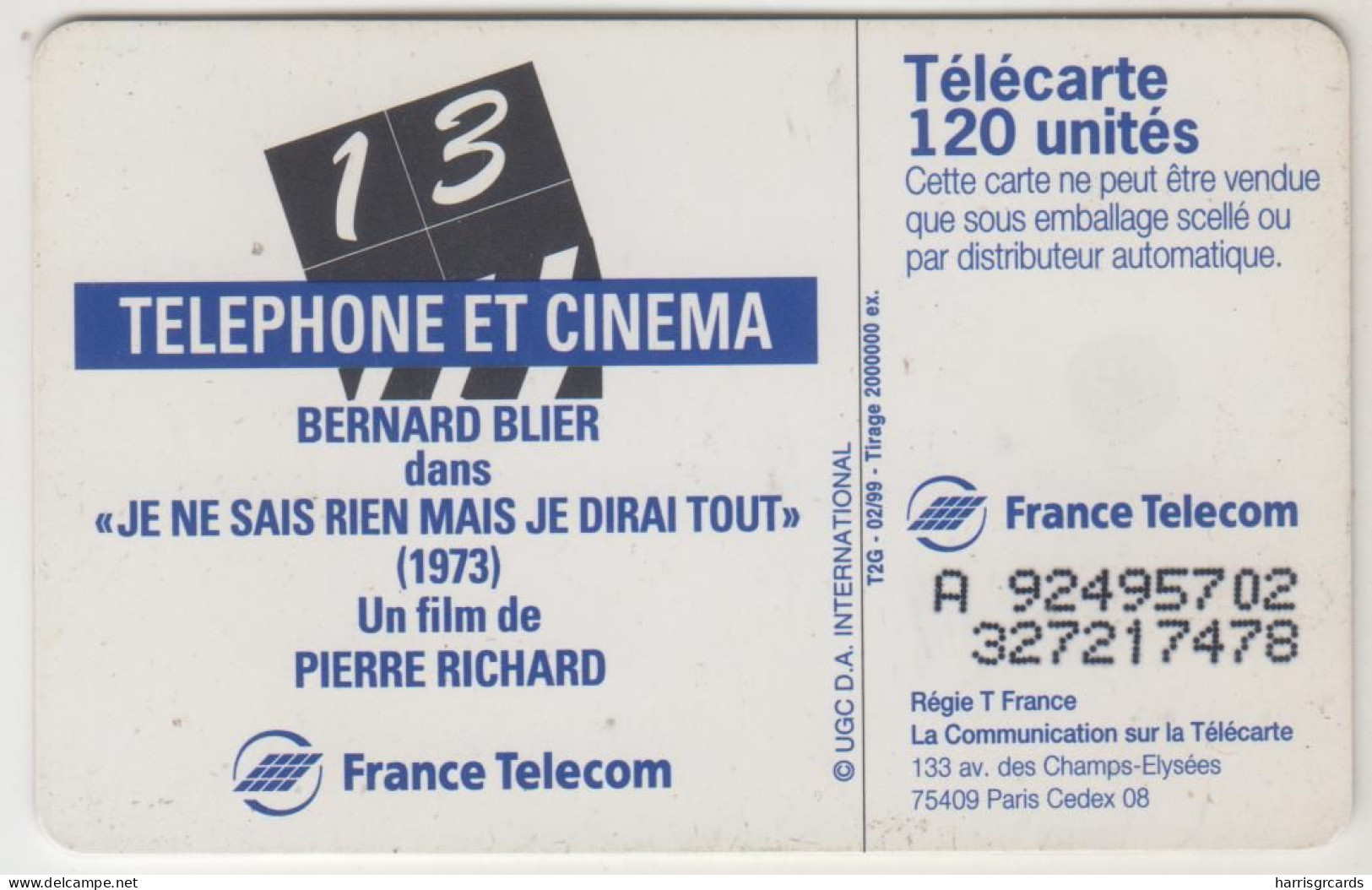 FRANCE - Telephone Et Cinema N.13 - Bernard Blier, Chip:SO3 (Module 44), 120 U, 02/99, Used - 1999