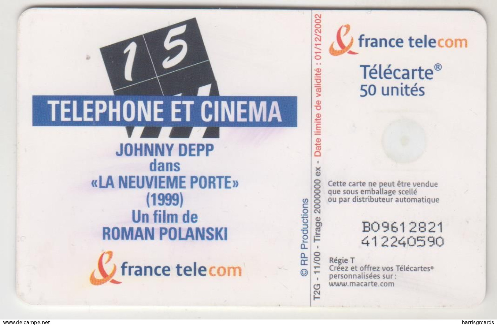 FRANCE - Telephone Et Cinema N.15 - Johnny Depp, Chip:GEM2 (Black/Grey), 50 U, 11/00, Used - 2000