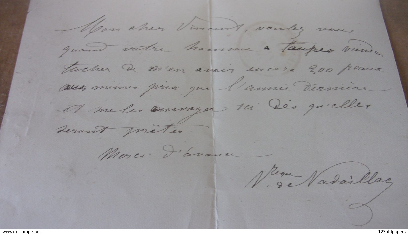 LAS 1885 COMTESSE DE NADAILLAC BELLE LETTRE A GUILLEN POUR L ACHAT DE 200 PEAUX DE TAUPES QUERCY LOT - Manuscritos