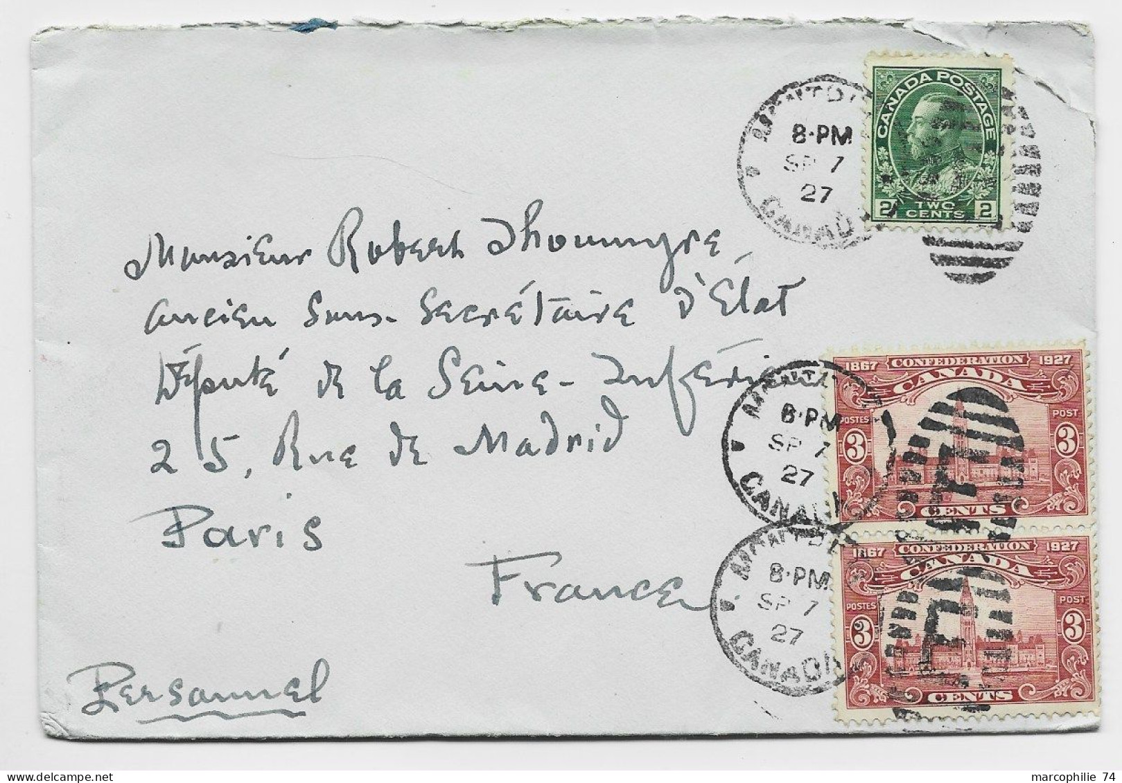 CANADA 2C+ 3C PAIRE  LETTRE COVER  E MONTREAL SP 7 1927 CANADA TO FRANCE - Briefe U. Dokumente