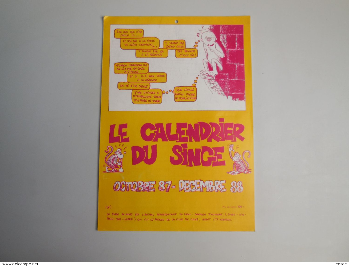 Le Calendrier Du Singe 1988, SINGE DE MONS..BELLES ILLUSTRATIONS...N5.05.0 - Grand Format : 1981-90