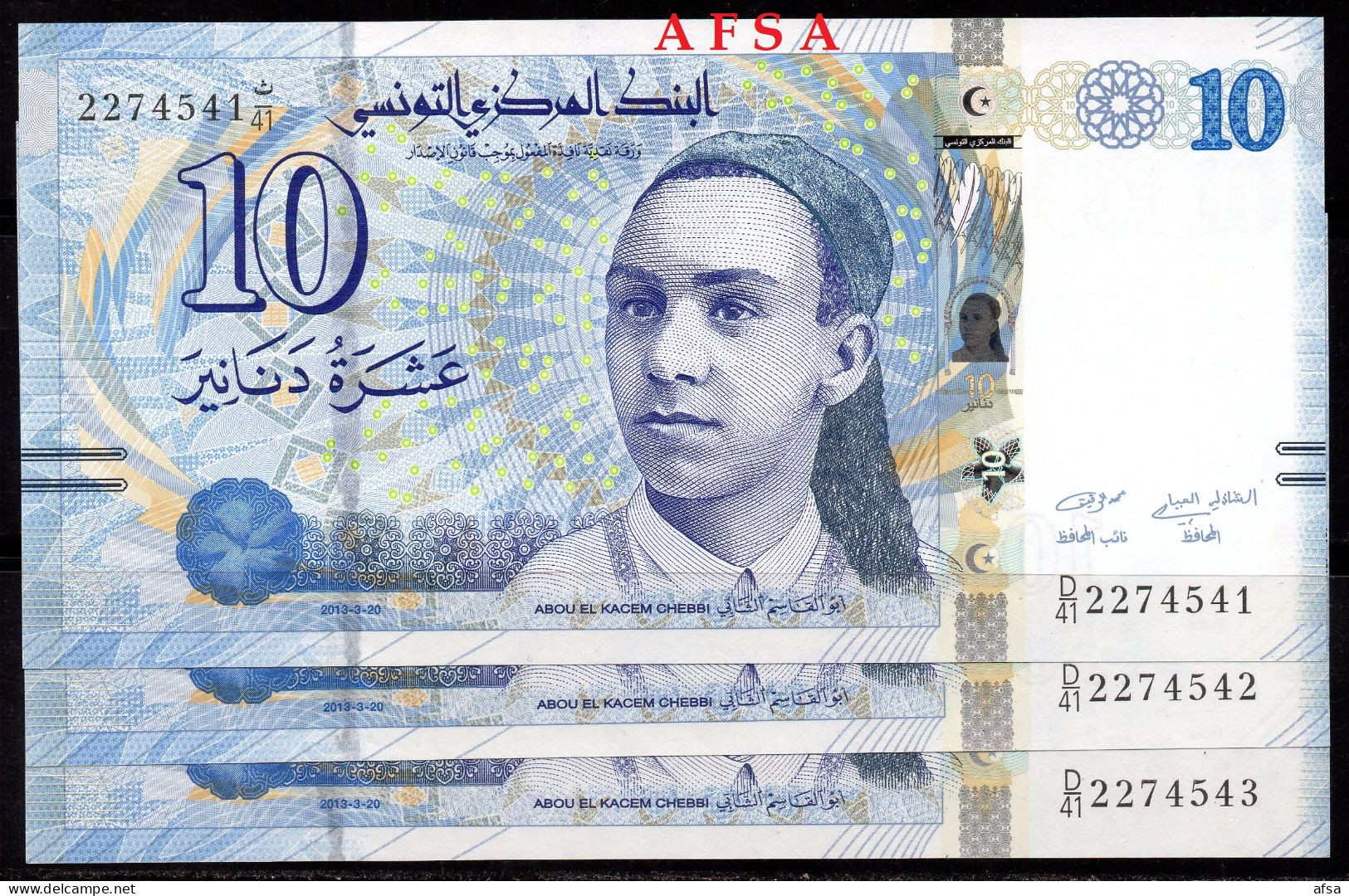 10 Dinars 2013-P96-UNC-set Of 3 Notes-// Lot De 3 Billets De 10 Dinars-N° Consécutifs ( ENVOI GRATUIT) /(FREE SHIPPING) - Tunisie