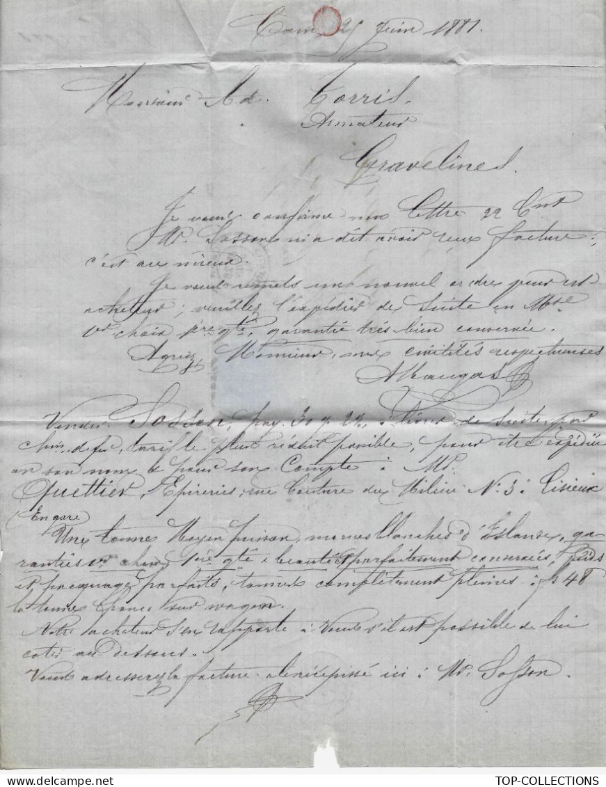 1881  RARE LETTRE Maugas à Caen Pour Ad. Torris Armateurs Navigation Peche Islande Gravelines Nord Voir Historique - 1800 – 1899