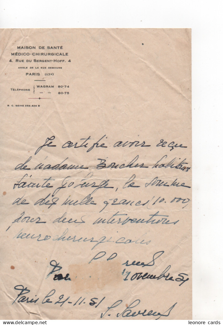 Vieux Papiers.Maison De Santé.Médico-chirurgicale.certifie Reception Reglement 1951 - Manuscrits