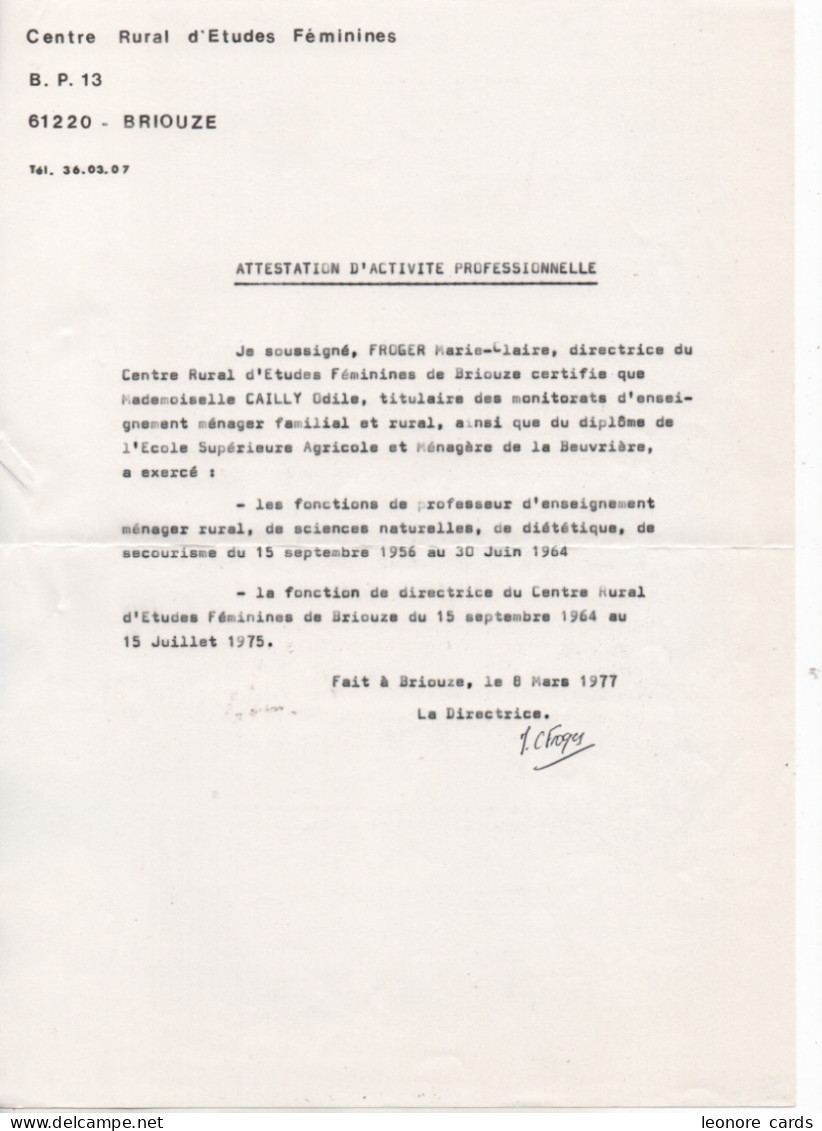 Vieux Papiers.Centre Rural Etudes Féminines Attestation Activité Professionnelle Mars 1977 - Manuscrits