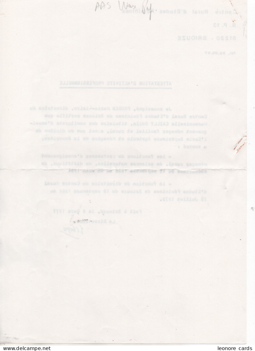 Vieux Papiers.Centre Rural Etudes Féminines Attestation Activité Professionnelle Mars 1977 - Manuscrits