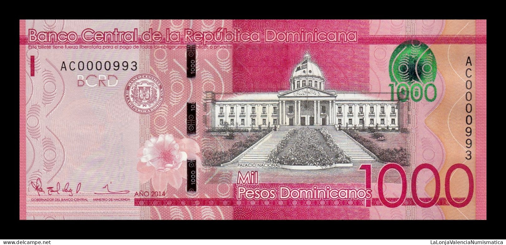 República Dominicana 1000 Pesos Dominicanos 2014 Pick 193a Low Serial 993 Sc Unc - Dominicaine