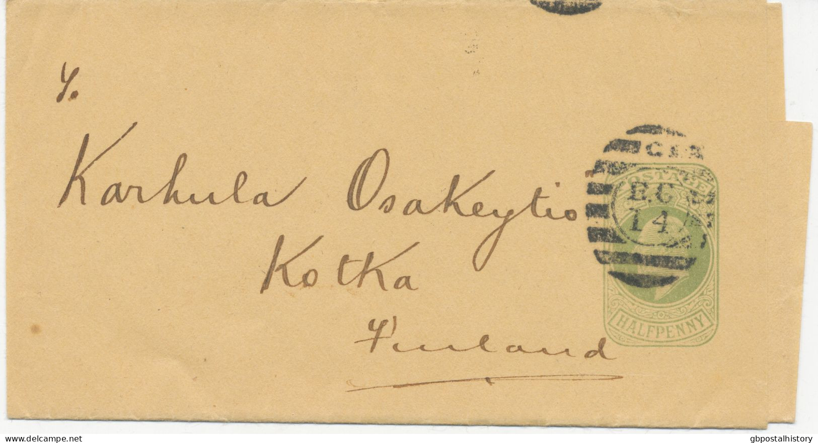 GB 1908 EVII ½d Yellow-green Superb Wrapper With Clear Barred Cancel "G / E.C / 14" (Dubus Type 29, Never Seen Before - Cartas & Documentos