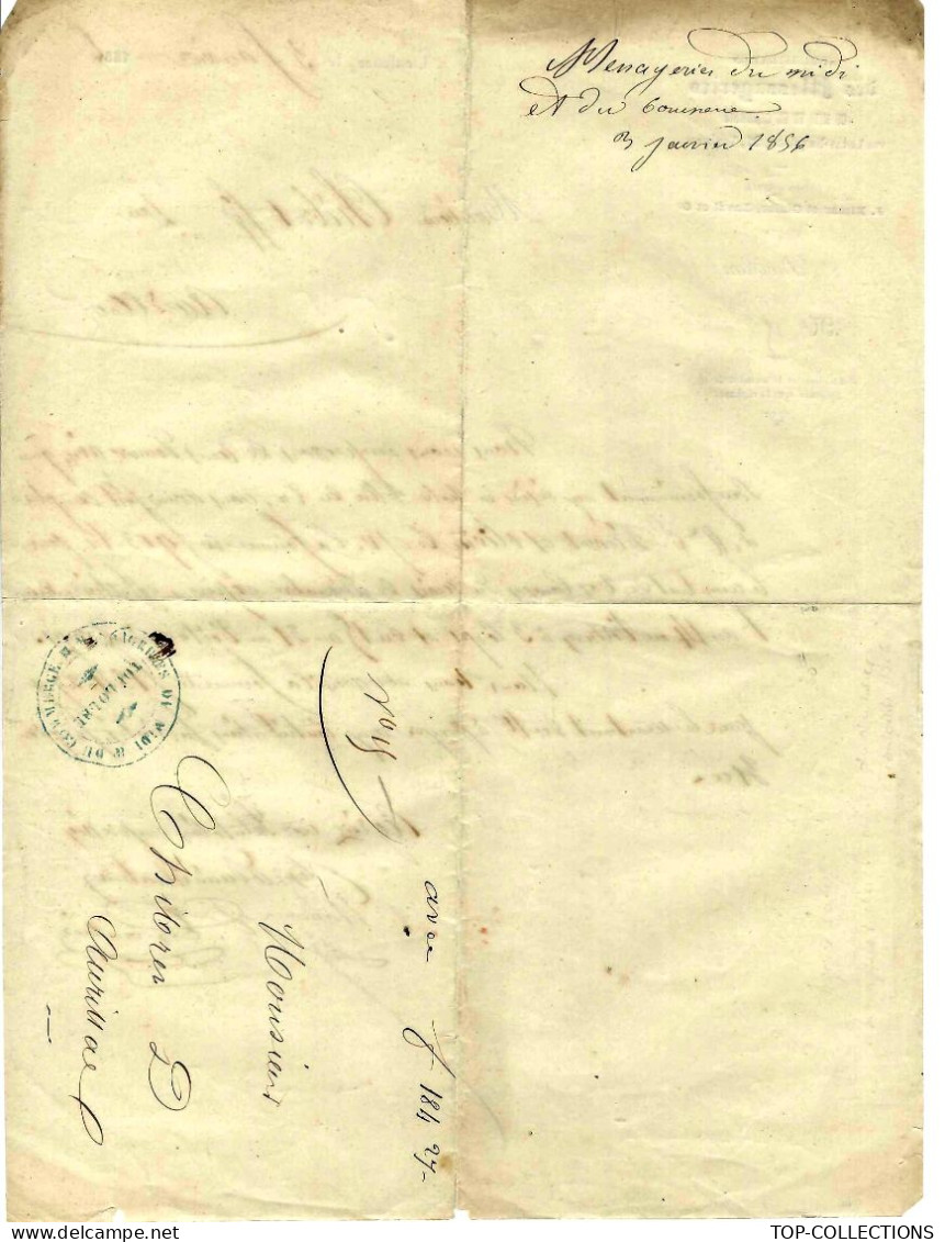 1856  TRANSPORT ROULAGE   ENTETE MESSAGERIES DU MIDI & DU COMMERCE TOULOUSE MM. BIMAR GLAIZE Laval pour Aurillac V.HIST
