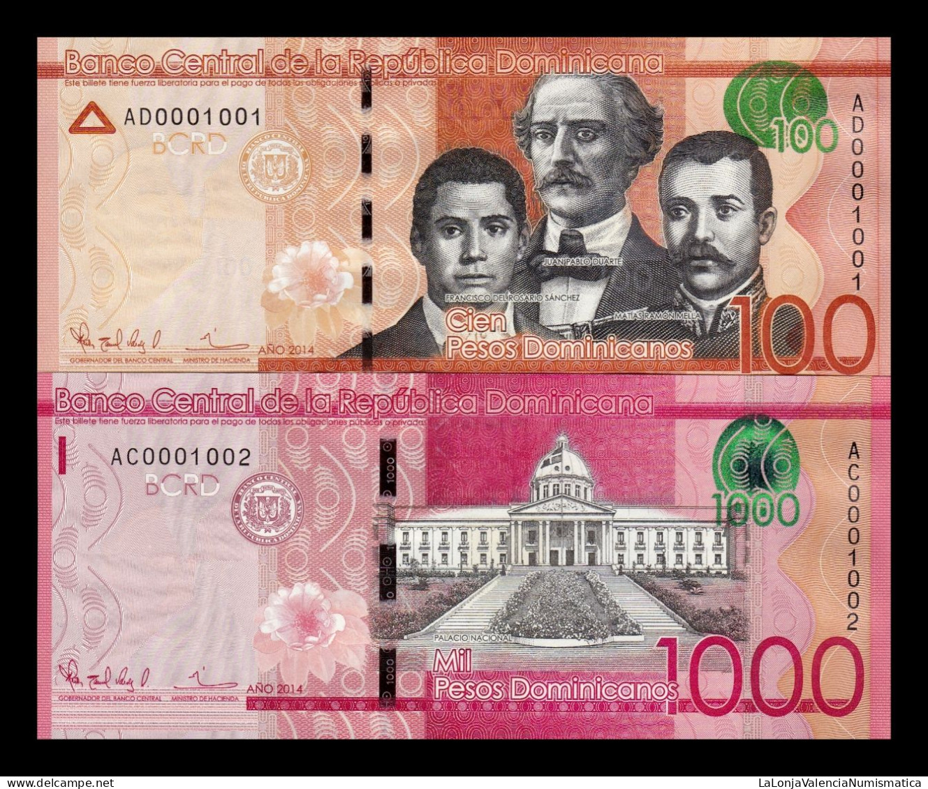 República Dominicana Set 100 1000 Pesos Dominicanos 2014 Pick 190a-193a  ​​​​​​Low Serial 1001-1002 Sc Unc - República Dominicana