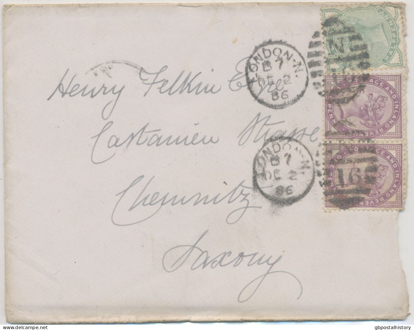 GB 1886 QV 1d Lilac 16 Dots (2x) Together W. ½d Pale Green On Cover (with Original Contents)) W. "LONDON-N. / N / 16" - Briefe U. Dokumente