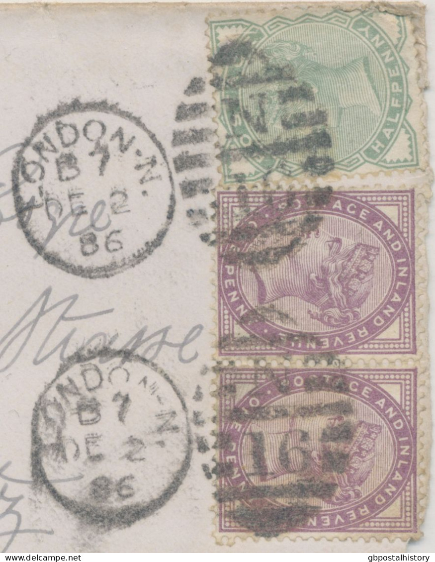 GB 1886 QV 1d Lilac 16 Dots (2x) Together W. ½d Pale Green On Cover (with Original Contents)) W. "LONDON-N. / N / 16" - Brieven En Documenten