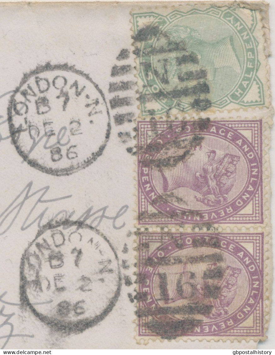 GB 1886 QV 1d Lilac 16 Dots (2x) Together W. ½d Pale Green On Cover (with Original Contents)) W. "LONDON-N. / N / 16" - Covers & Documents