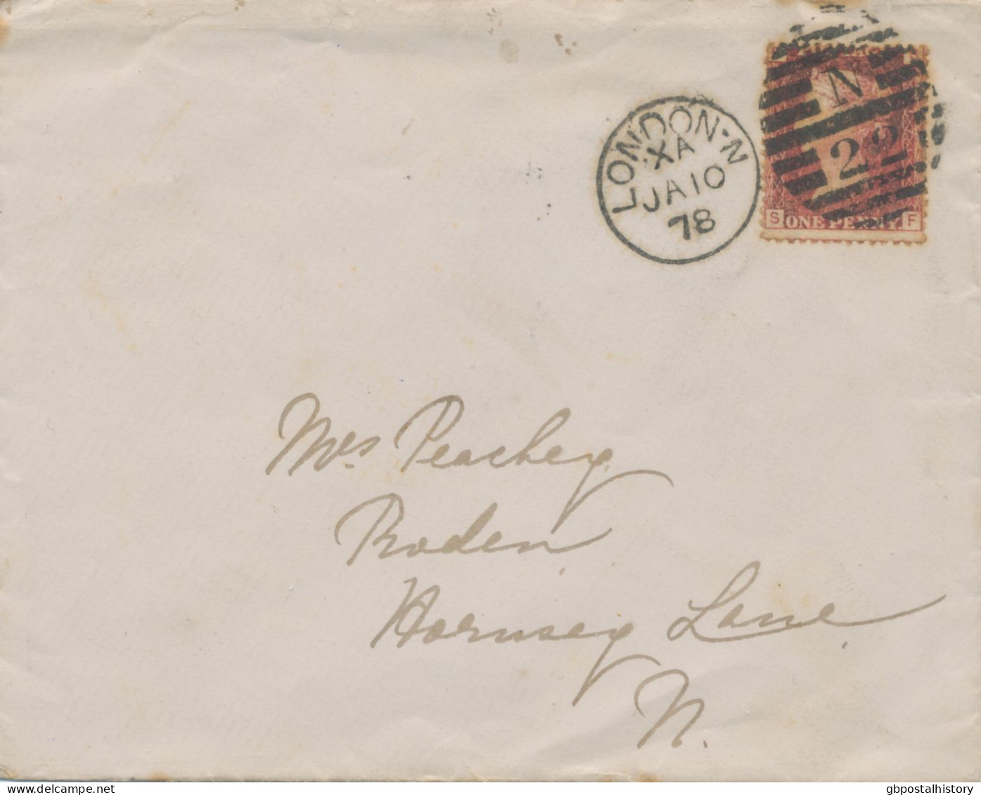 GB 1878, QV 1d Rose-red Pl.171 (SF) On Very Fine Cvr With Barred Duplex-cancel "LONDON-N / N / 22" (Northern District, - Covers & Documents