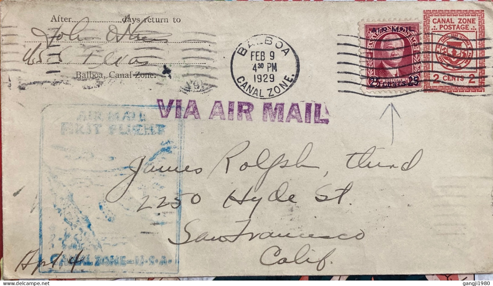 CANAL ZONE USA, COMBO-MIX 1929, FIRST FLIGHT, STATIONERY, COVER, USED TO USA, AIR MAIL 25 CENT OVERPRINTED, GOETHALS STA - Kanalzone