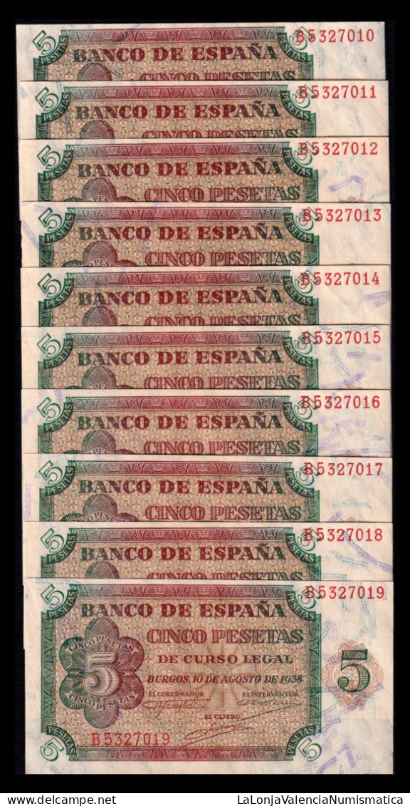 España Spain Lote 10 Billetes Correlativos 5 Pesetas Burgos 1938 Pick 110 Serie B Sc Unc - 5 Peseten