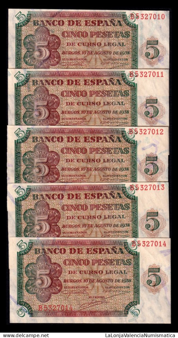 España Spain Lote 10 Billetes Correlativos 5 Pesetas Burgos 1938 Pick 110 Serie B Sc Unc - 5 Peseten