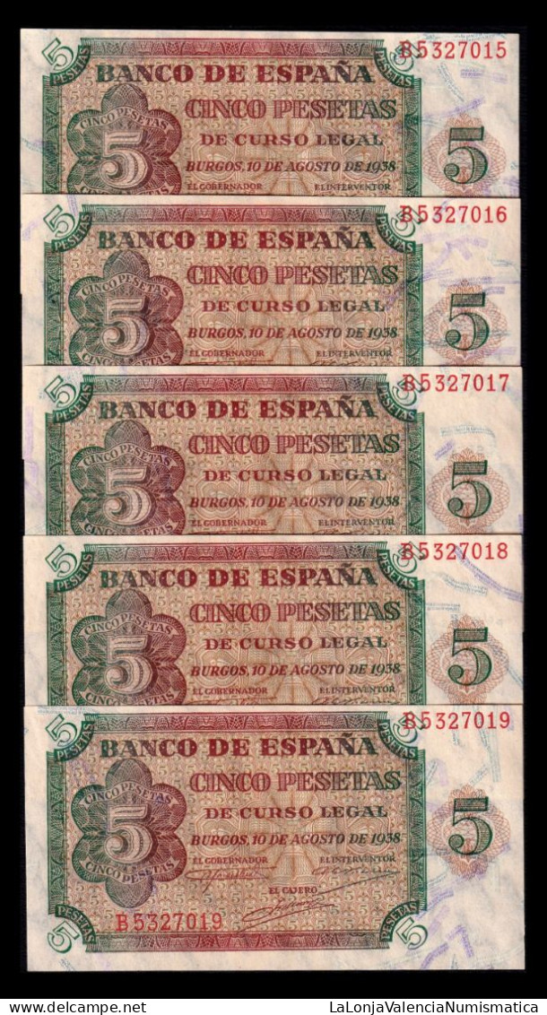 España Spain Lote 10 Billetes Correlativos 5 Pesetas Burgos 1938 Pick 110 Serie B Sc Unc - 5 Pesetas