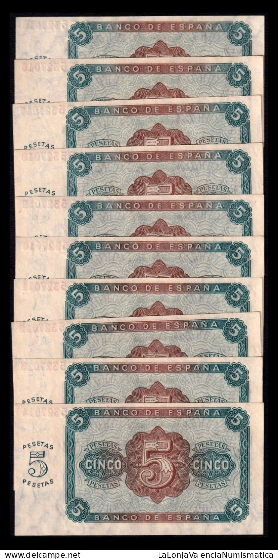 España Spain Lote 10 Billetes Correlativos 5 Pesetas Burgos 1938 Pick 110 Serie B Sc Unc - 5 Pesetas