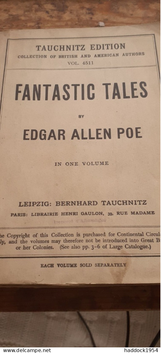 Fantastic Tales EDGAR ALLAN POE Bernhard Tauchnitz 1915 - Andere & Zonder Classificatie