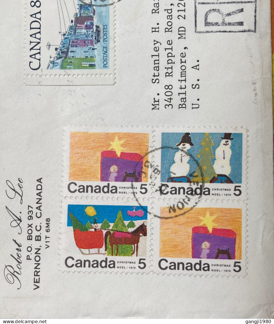 CANADA 1980, REGISTER COVER, USED TO USA, CHRISTMAS, HORSE SLEIGH, SNOWMAN, STAR, MARITIME STREET, BALTIMORE CITY YEAR I - Covers & Documents