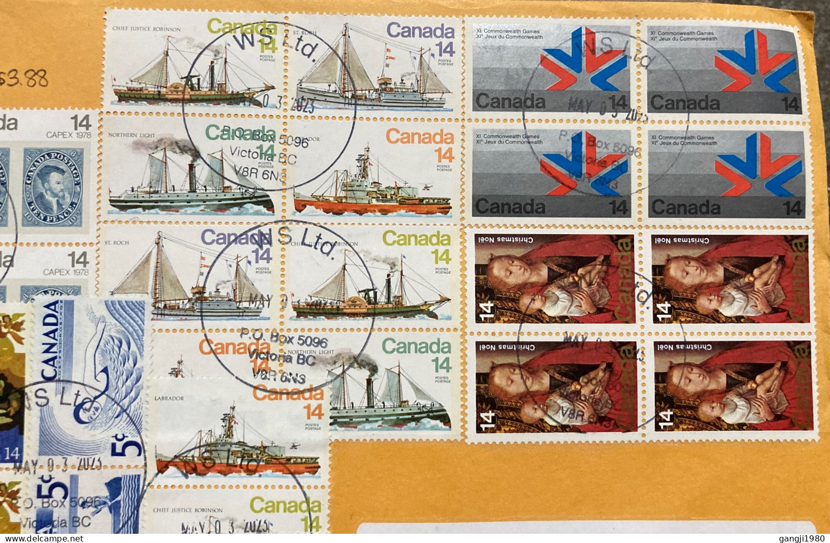 CANADA 2023, COVER USED TO INDIA, MULTI 24 STAMP, 8 DIFF SHIP, CHRISTMAS, CAPEX 1978, STAMP ON STAMP, GAME, SWIMMING, BO - Covers & Documents