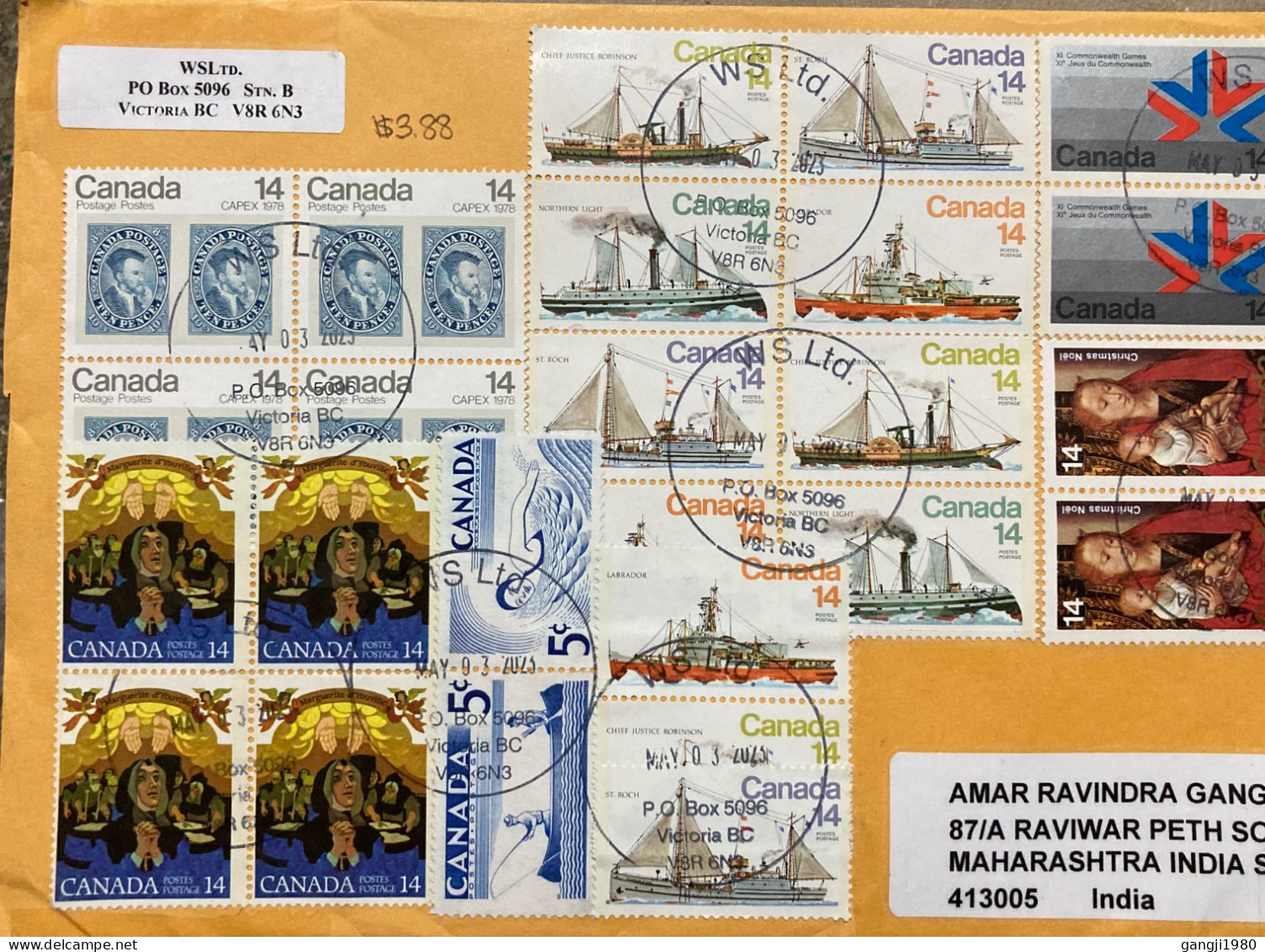 CANADA 2023, COVER USED TO INDIA, MULTI 24 STAMP, 8 DIFF SHIP, CHRISTMAS, CAPEX 1978, STAMP ON STAMP, GAME, SWIMMING, BO - Covers & Documents