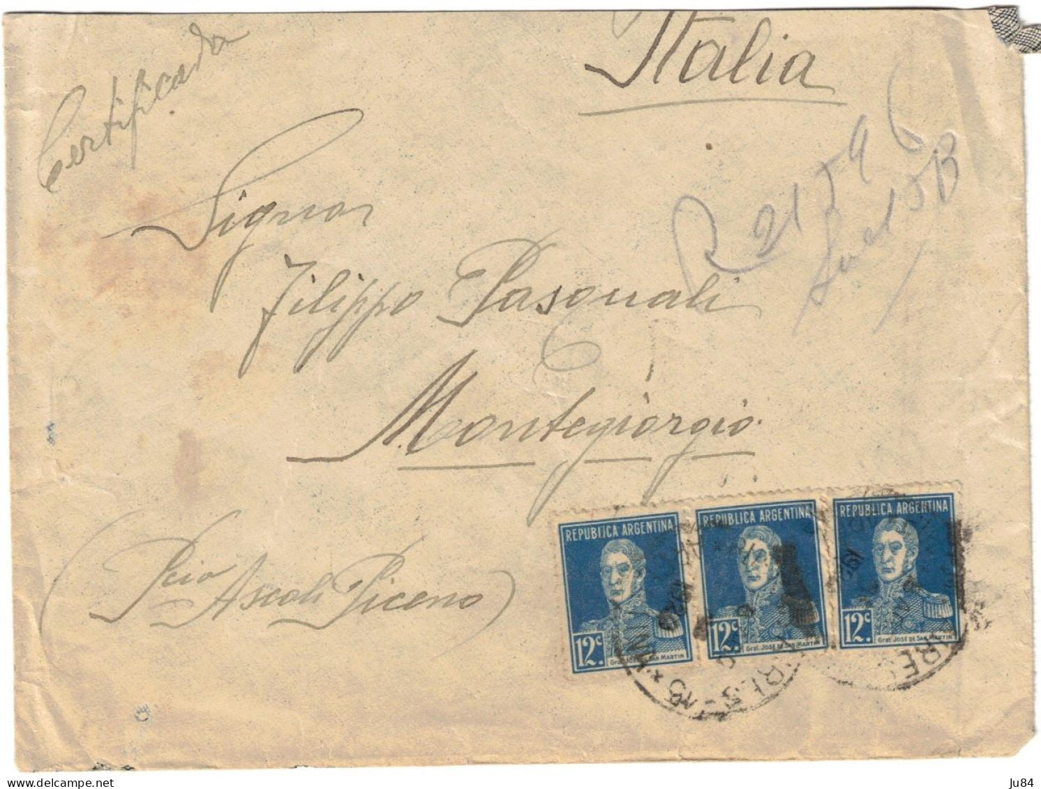 Argentine - Argentina - Buenos Aires - Lettre Pour MonteGiorgio (Italie) - Divers Cachets Au Dos - Août 1924 - Covers & Documents