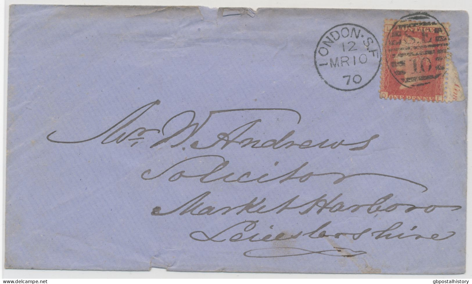 GB 1870, QV 1d Rose-red Rare Pl.121 (OL) On Fine Cvr With Barred Duplex-cancel "IONDON-S.F / S.E / 10" (= Rare POSTMARK- - Lettres & Documents