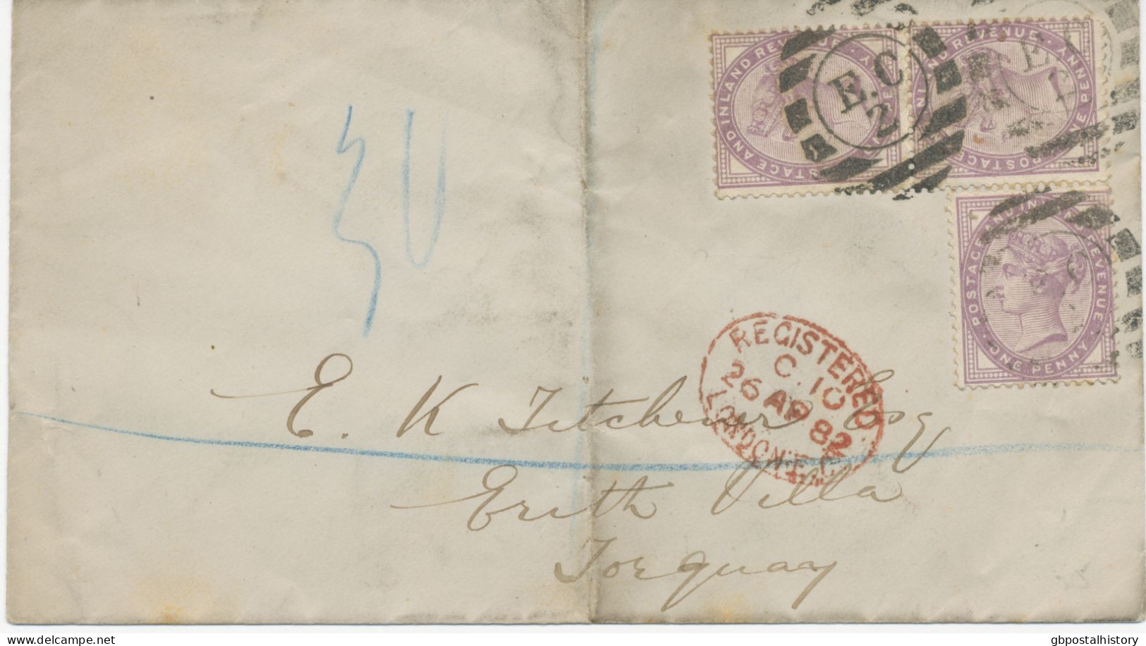 GB 1882, QV 1d Lilac 16 Dots (3x) On Fine Registered Cvr (bs Faults And A Little Bit Grubby) With Clear Barred Cancel - Storia Postale