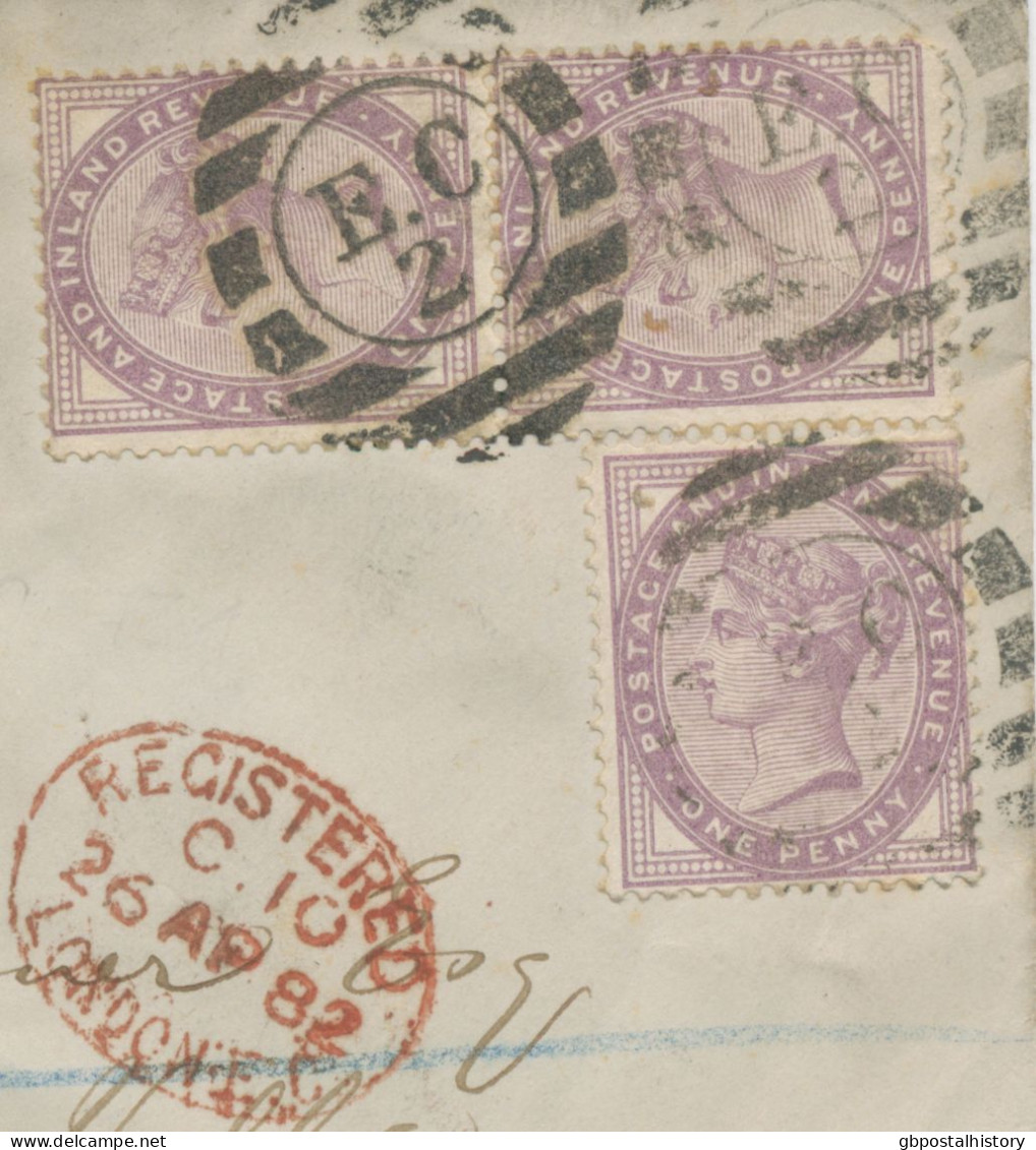 GB 1882, QV 1d Lilac 16 Dots (3x) On Fine Registered Cvr (bs Faults And A Little Bit Grubby) With Clear Barred Cancel - Lettres & Documents