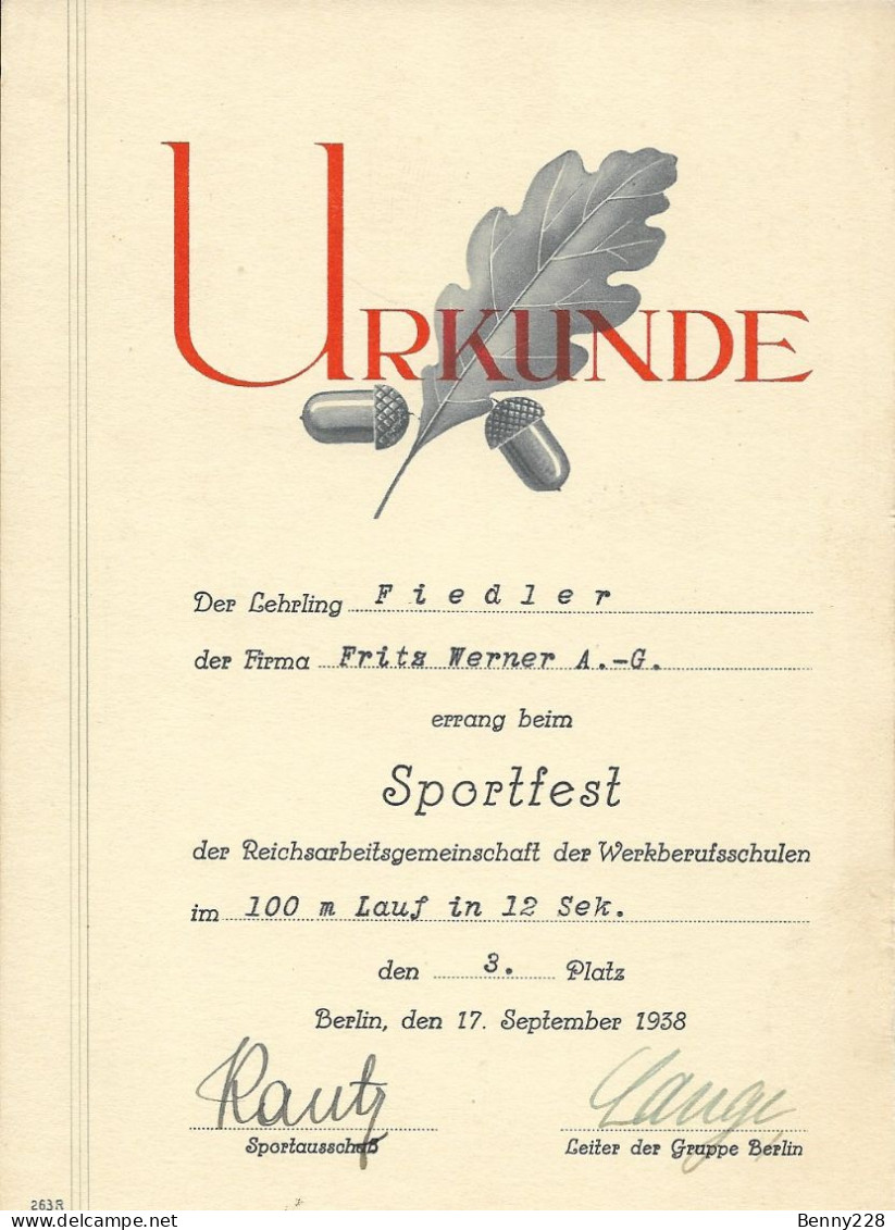 National Socialisme, CERTIFICAT SPORTIF. Berlin, 1938. - Documents