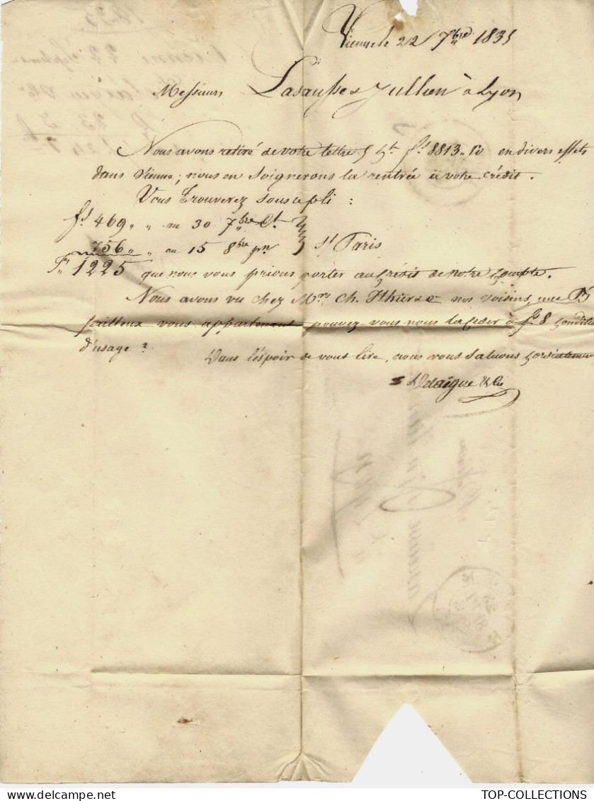 1835 LETTRE Delaigue Vienne NEGOCE COMMERCE  Pour Lassausse Lasausse Julien Négociants Lyon V.HISTORIQUE - 1800 – 1899