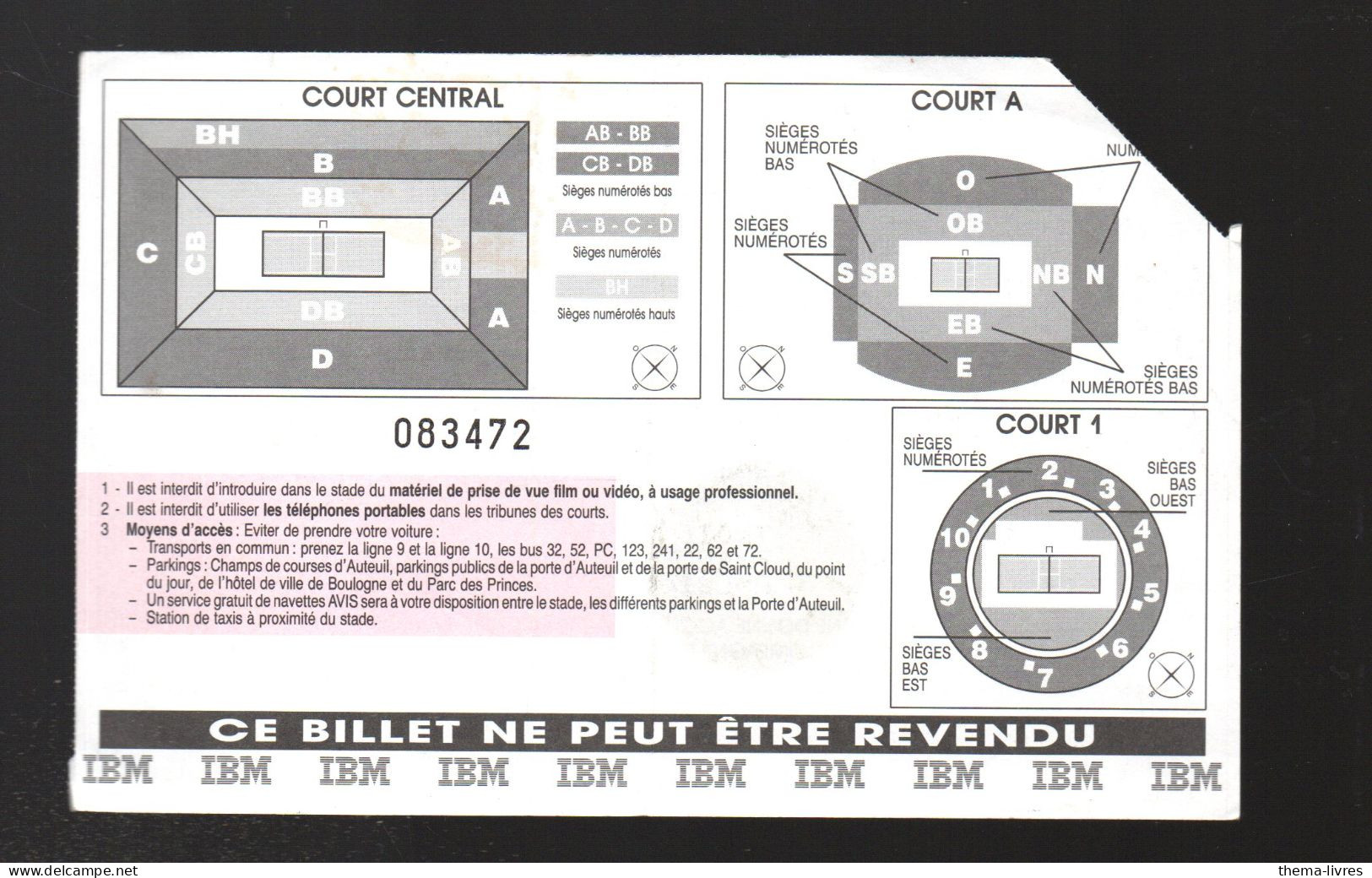 (sport Tennis) Paris :  Billet ROLAND GARROS 1996 (PPP42285) - Autres & Non Classés