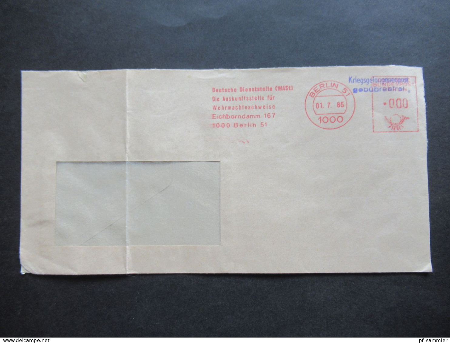 1985 AFS Berlin 51 Deutsche Dienststelle (WASt) Auskunftstelle Für Wehrmachtnachweise / Kriegsgefangenpost Gebührenfrei - Briefe U. Dokumente